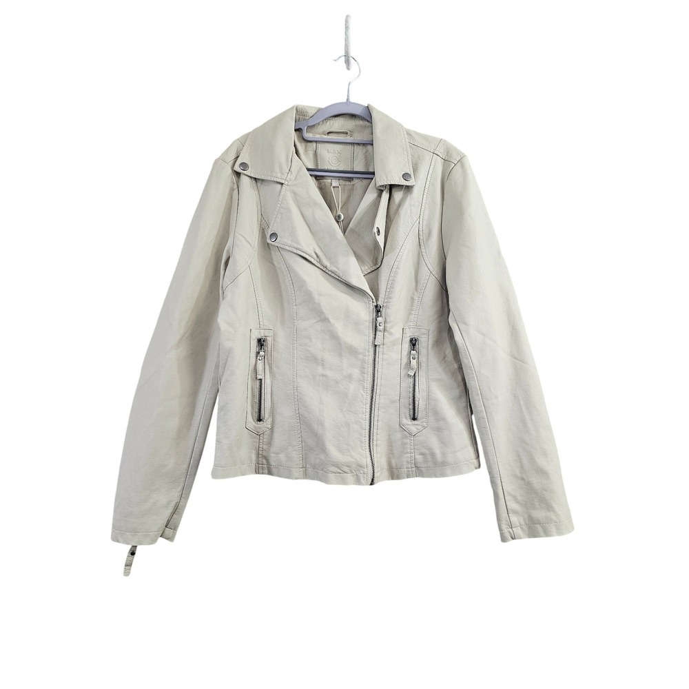 Max Studio Moto Jacket L Cream Fair Faux Leather Asymmetrical Biker Zip **READ**